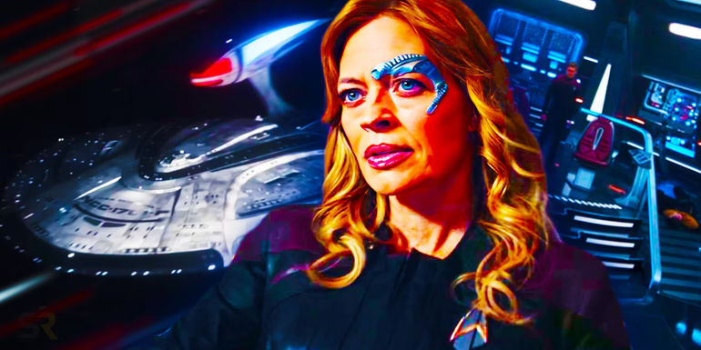 A blended image of Captain Seven of Nine (Jeri Ryan) and a Star Trek ship