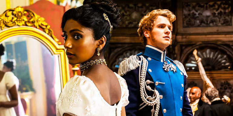 A blended image features Edwina Sharma in Bridgerton season 2 and Prince Friedrich in Bridgerton season 1