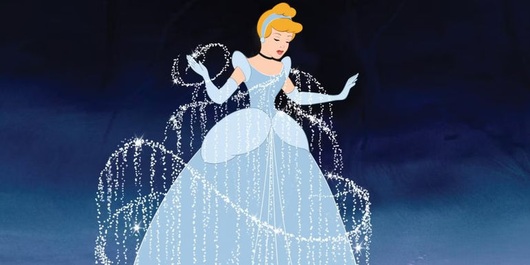 Cinderella in her blue dress with magical dust floating around it in the animated movie.