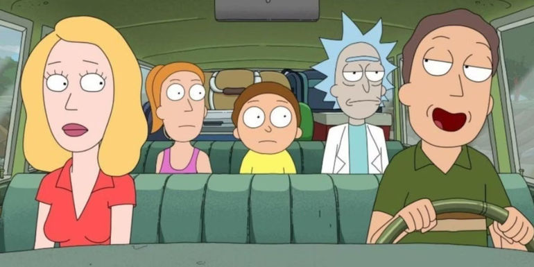Jerry driving Rick, Morty and Beth in Rick and Morty