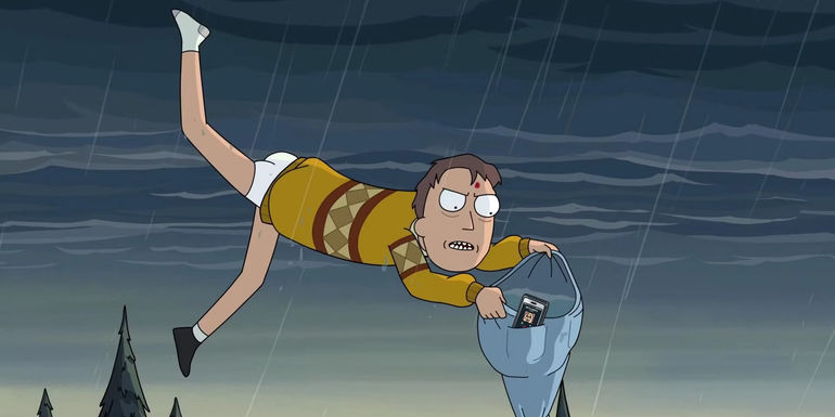 Jerry flying in the rain in Rick and Morty