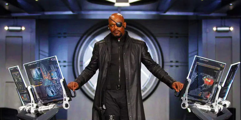 Nick Fury aboard the SHIELD helicarrier in The Avengers