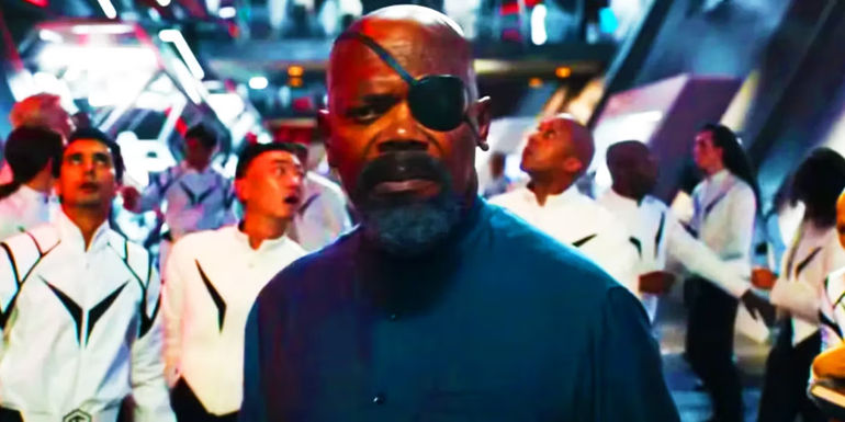 Nick Fury with staff aboard the SABER Space Station in The Marvels