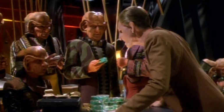 Odo confronts a group of Ferengi in Quark's Bar Star Trek DS9