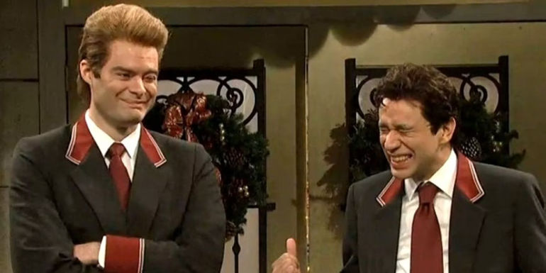 Bill Hader and Fred Armisen breaking character in Renaldo and Alexi in SNL.