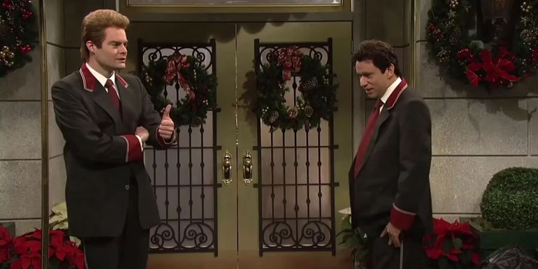 Bill Hader and Fred Armisen dressed as doormen, talking to each other in Renaldo and Alexi in SNL.