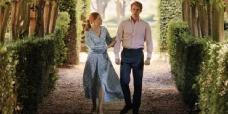 Ellie Bamber as Princess Beatrice walking through the garden with Prince Henry (Nicholas Galitzine) in Red White and Royal Blue