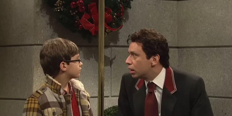 Fred Armisen staring at a kid in Renaldo and Alexi in SNL