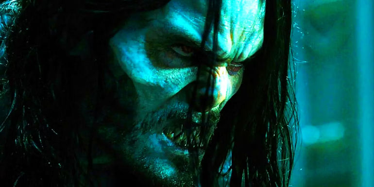 Jared Leto as Morbius snarling in vampire mode