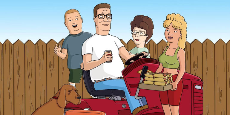 Hank and family in the garden with hotdogs in King of the Hill