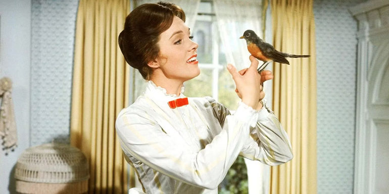Mary Poppins with a bird on her finger