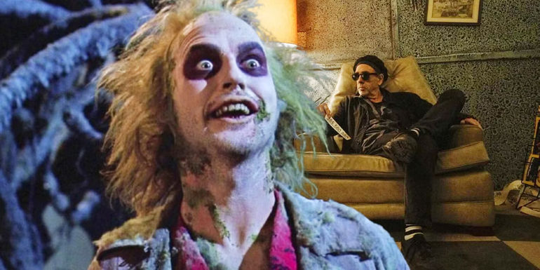 Custom image of Michael Keaton as Beetlejuice juxtaposed with Tim Burton sitting in a sofa on the Beetlejuice 2 set.