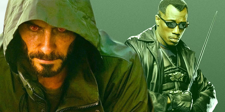 A split image of Morbius with red eyes and Blade in full vampire hunter attire.