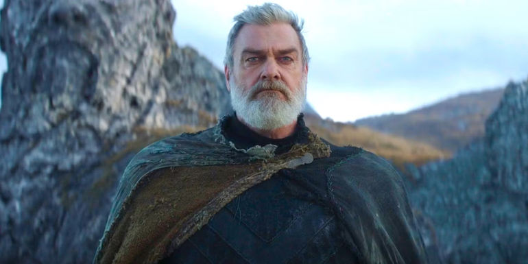 Ray Stevenson as Baylan Skoll standing on The Father statue in Ahsoka episode 8