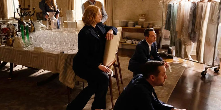 Kendall, Roman, and Shiv watching TV in the Succession series finale