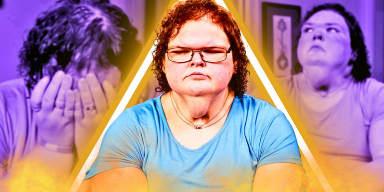 1000-Lb Sisters Tammy Slaton in blue t-shirt with folded hands and angry look with pictures of her crying in the background