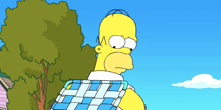 A dismayed Homer with a chair stuck to his back in The Simpsons season 35 episode 1