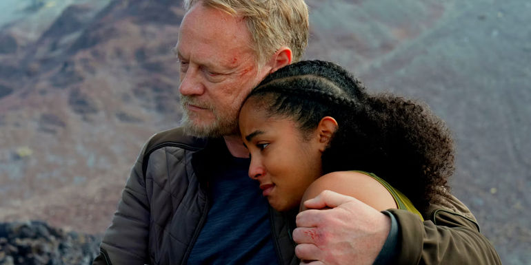 Jared Harris as Hari Seldon Embracing Lou Llobell as Gaal Dornick in Foundation Season 2 Episode 10