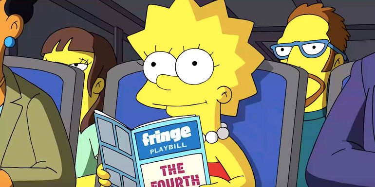 Lisa smiles while sitting in a busy theater and holding a playbill in The Simpsons season 35 episode 8