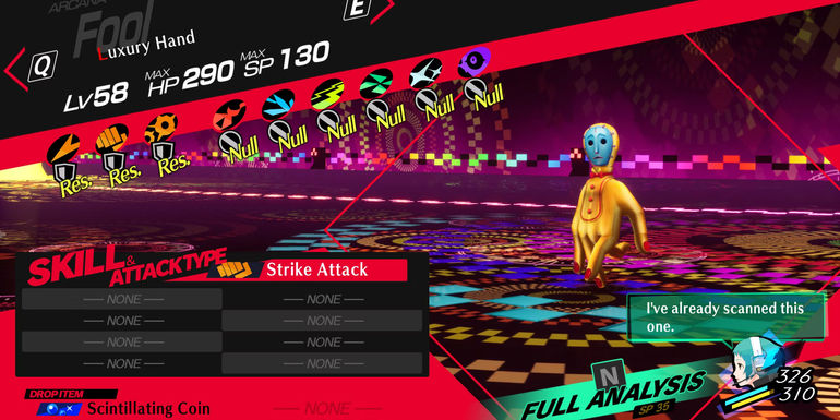 Image of the weaknesses and resistances of the Luxury Hand enemy in Persona 3 Reload