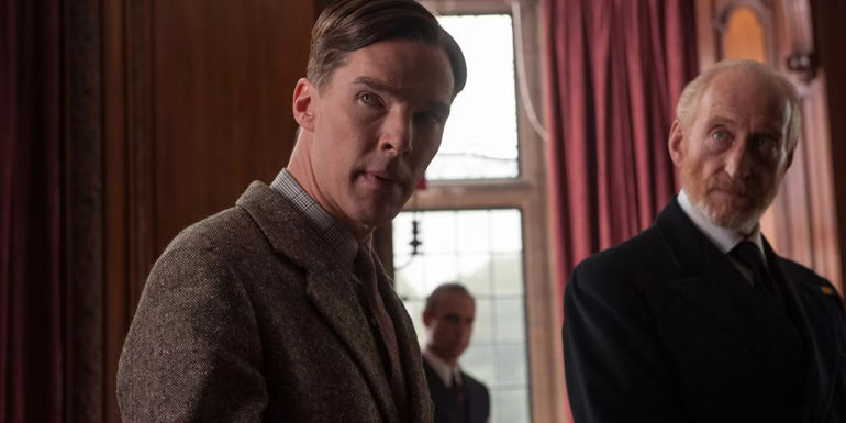 Benedict Cumberbatch and Charles Dance looking to the side in The Imitation Game