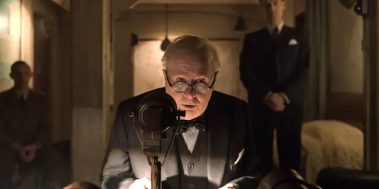 Winston Churchill delivers a speech over the radio in Darkest Hour.