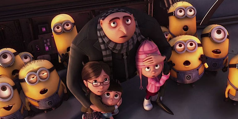 Gru is surrounded by Minions as he protects his girls in Despicable me