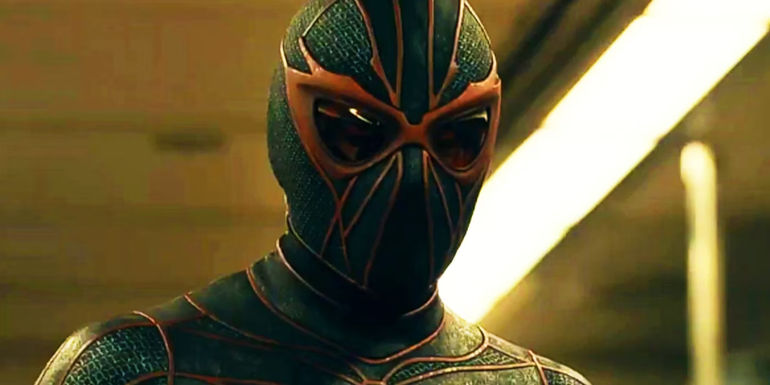 A close-up of Ezekiel Sims in his Spider-Man-like suit in Madame Web