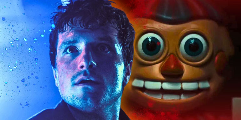 Five Nights at Freddy's movie- Mike Schmidt looking concerned next to Balloon Boy smiling