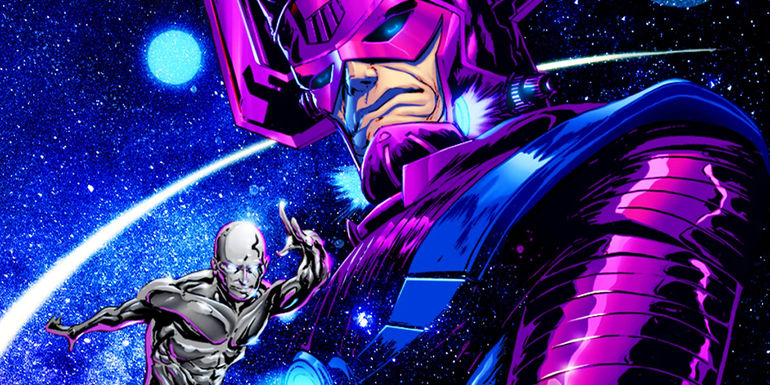 Galactus and the Silver Surfer in space in Marvel Comics