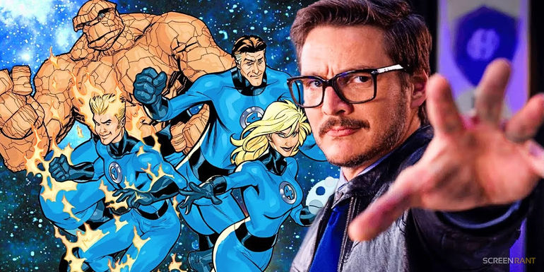 Marvel Comics' Fantastic Four and Pedro Pascal with his hand reaching out in We Can Be Heroes