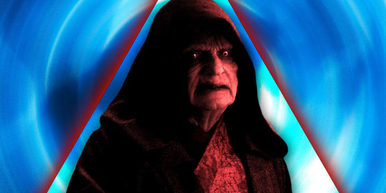 Ian McDiarmid's eyes glow an eerie Sith yellow in The Rise of Skywalker superimposed over a blue background