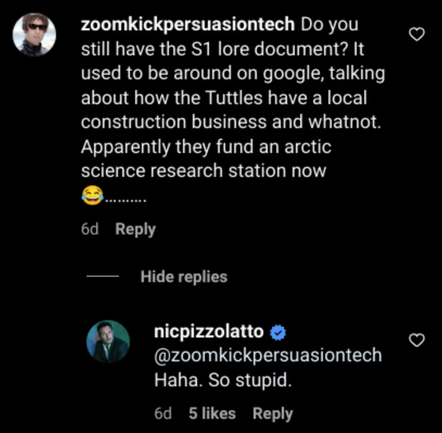 Nic Pizzolatto replying to a fan on Instagram about True Detective: Night Country