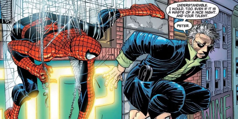 Spider-Man looking at Ezekiel stuck to a wall