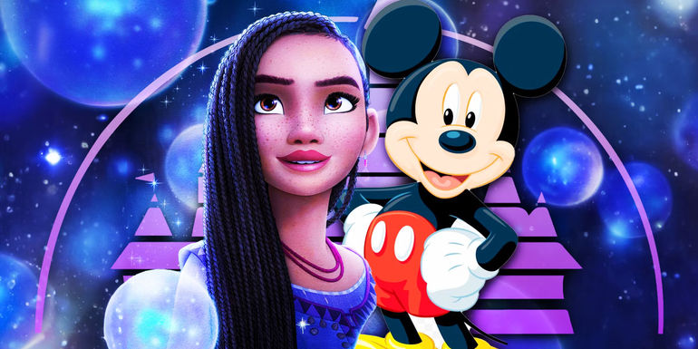 Collage of Asha from Disney's Wish, Mickey Mouse, and the castle logo plus bubbles and space imagery