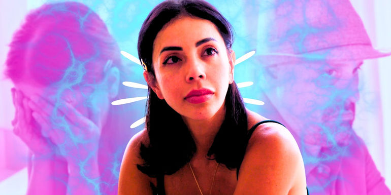 90 Day Fiance's Jasmine Pineda with background of her crying and Gino Palazzolo looking upset