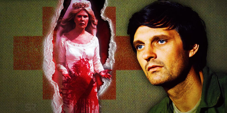 Alan Alda as Hawkeye looking shocked and Margaret (Loretta Swit) in a bloody wedding dress in MASH season 8's