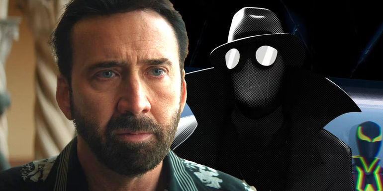 Nicolas Cage as Nick Cage looking at Spider-Man Noir