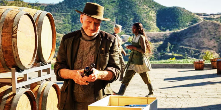 Jean-Luc Picard approves a bottle of Chateau Picard wine in Star Trek: Picard