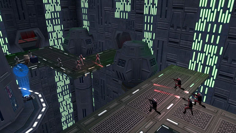 A screenshot of a batttle between Stormtroopers and Rebel forces in Star Wars: Battlefront Classic Collection.
