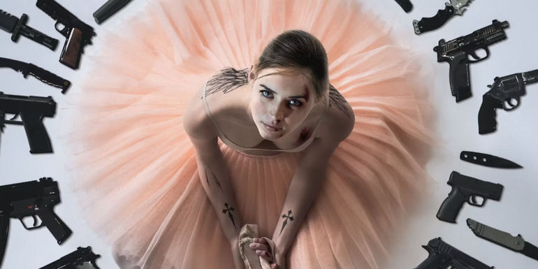 Ana de Armas surrounded by guns in a Ballerina fan poster.