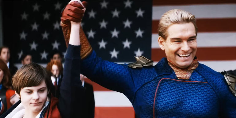 Homelander smiling and holding up Ryan's hand in The Boys season 4