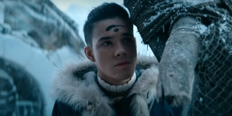 Sokka with a Water Tribe mark on his forehead in Netflix's Avatar: The Last Airbender