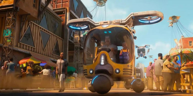 Still of a futuristic vehicle from Disney's Iwaju