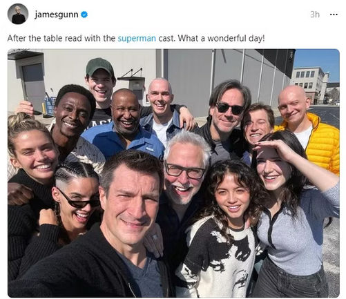 The cast of Superman Legacy take a photo with director James Gunn