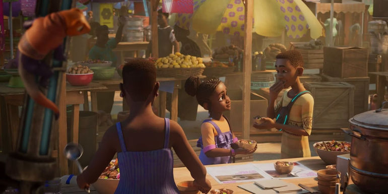 Tola and Kole at a market in Disney's Iwaju