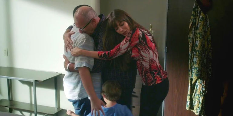 Gloria and Jay hug Manny and Joe before Manny goes to college on Modern Family.