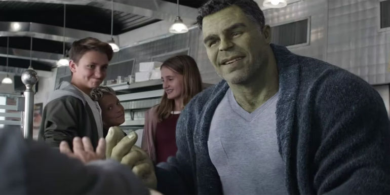 Hulk eats at a diner with Ant-Man, Black Widow, and Captain America in Avengers: Endgame