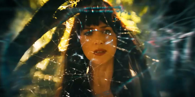 Cassandra Webb with a spider web in Madame Web