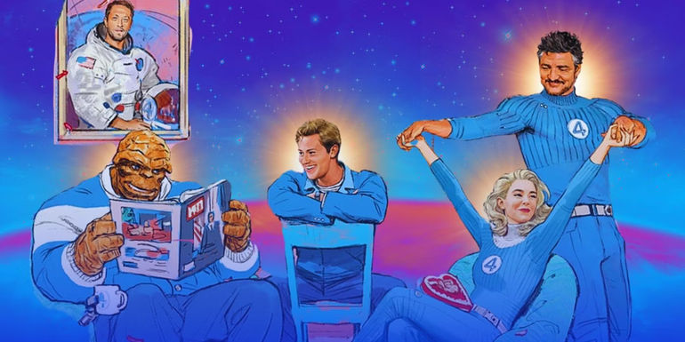 Official Fantastic Four promotional art with the team in front of an abstract space background.